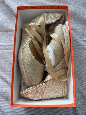 Castaner Natural Beige Espadrille Wedge with Tie-Ankle Ribbons